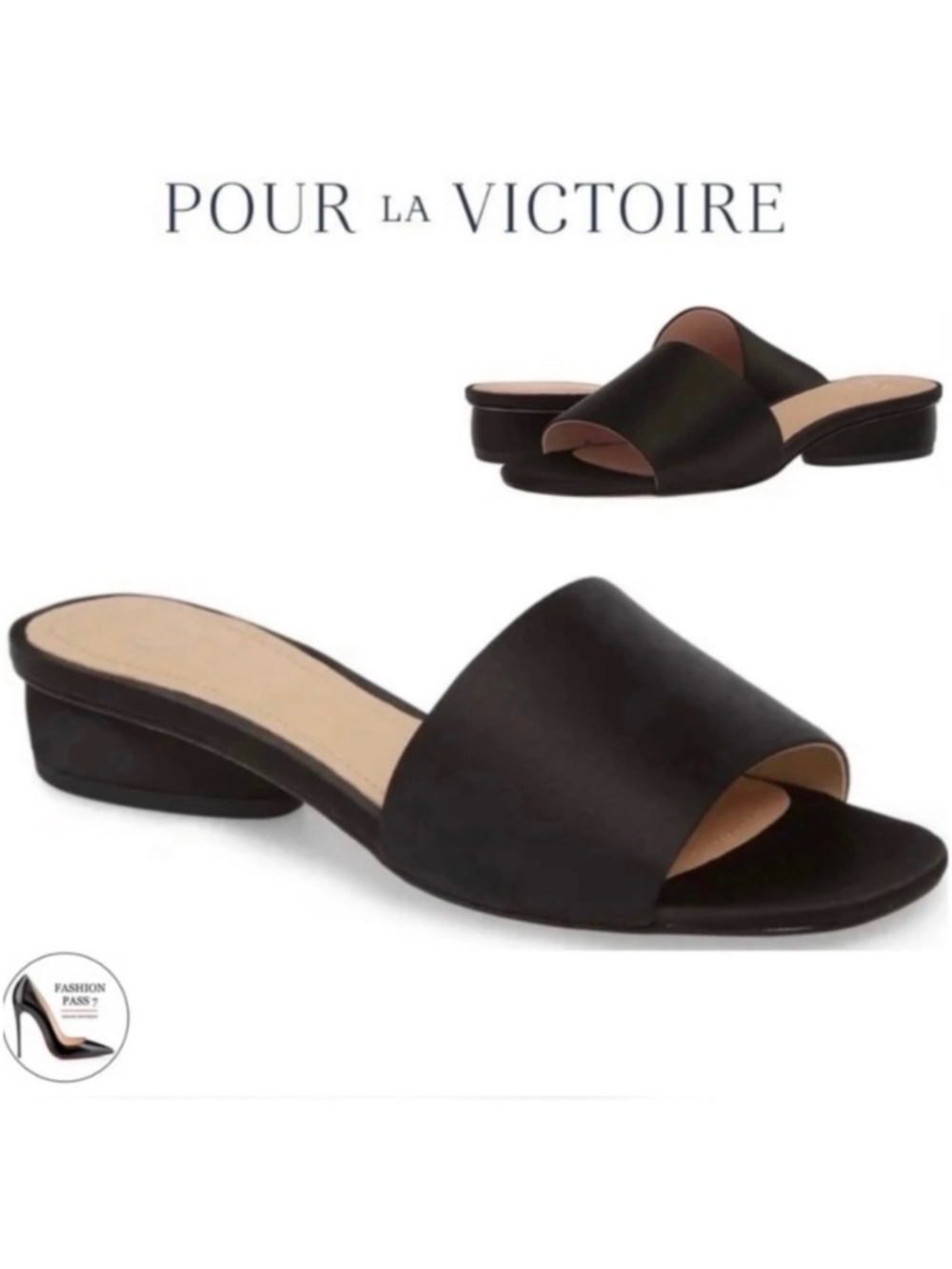 Pour La Victoire Mallory Black Satin Block Heel Mule Slip On Slide Sandal 7